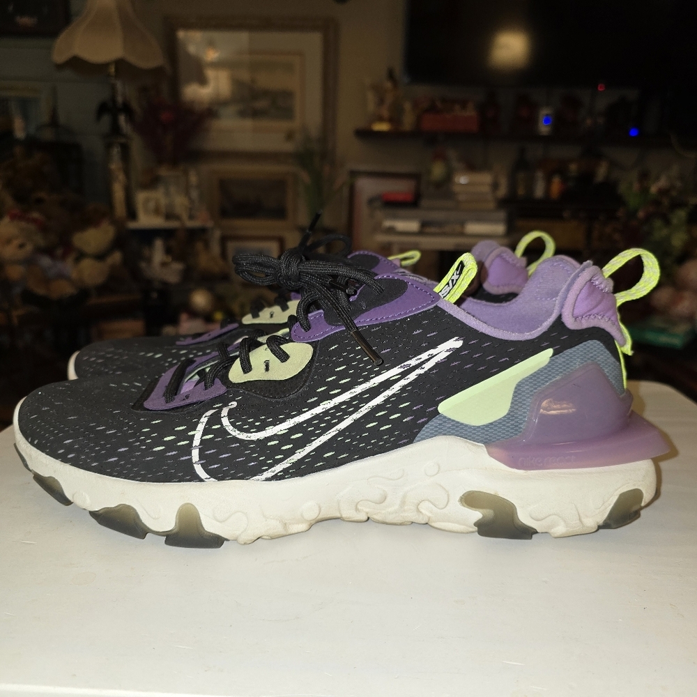 Nike Mens Size 11 Black, Purple & Lime/Neon React-Style Sneakers